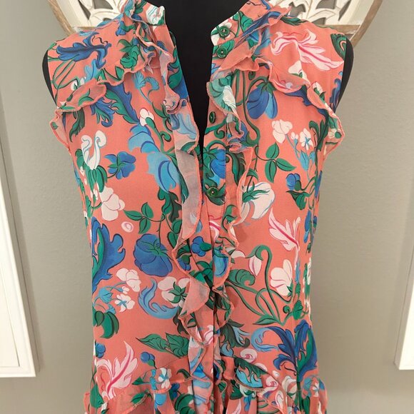 Saloni Shirt Dress Tilly 100% Silk Pink Floral Button Up Ruffle Sleeveless SZ4 - Picture 6 of 13
